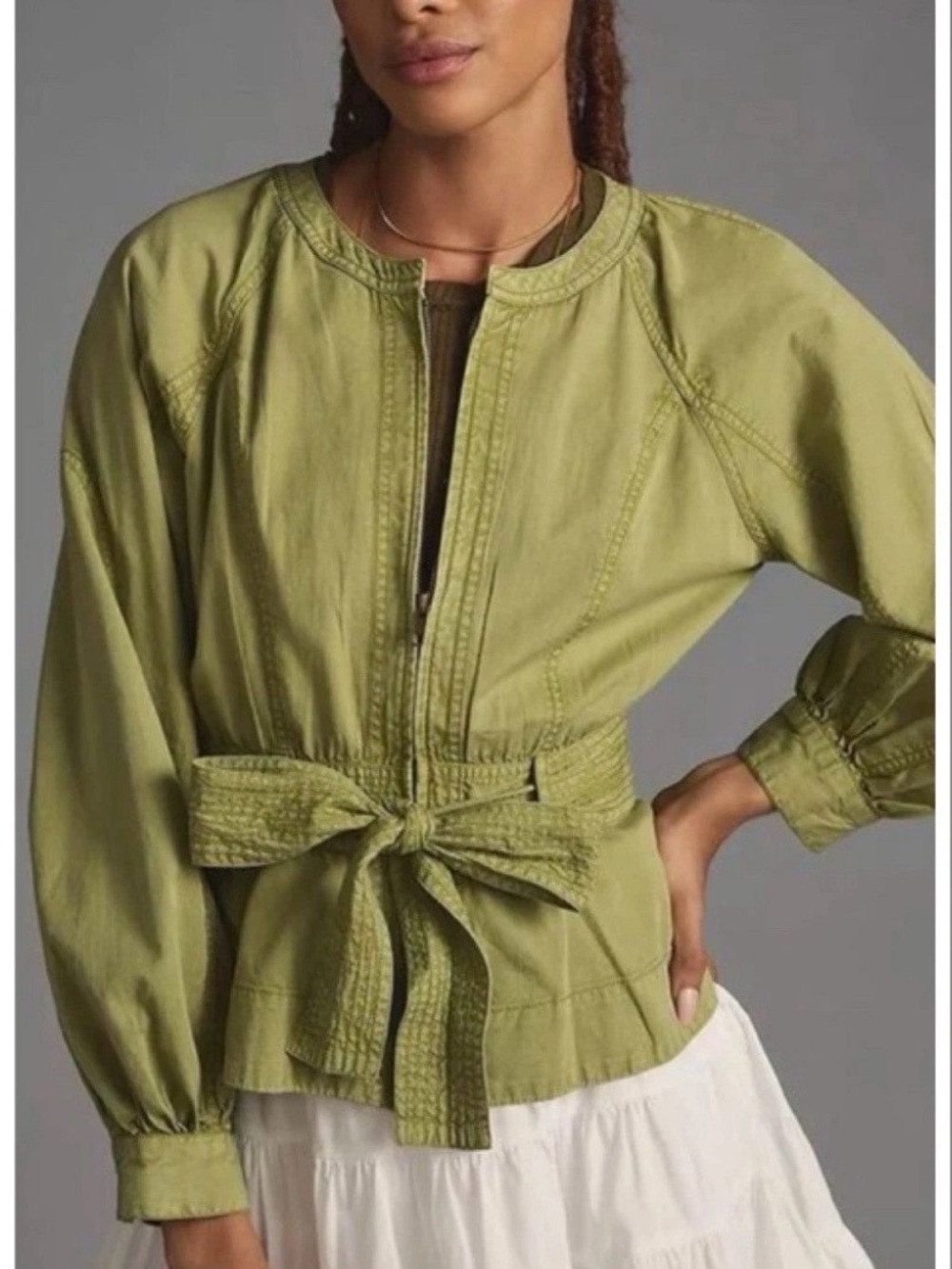 Anthropologie Olive Green Tie Waist Utility Jacket Balloon Sleeve Zip Front XS